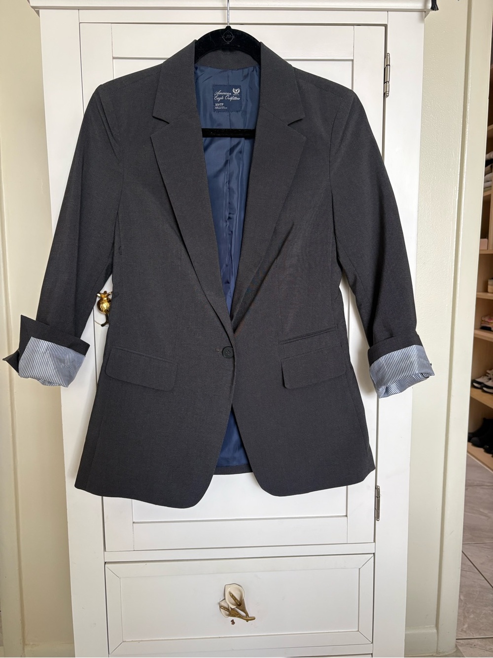 American Eagle Outfitters Women's Charcoal Gray Single-Button Blazer